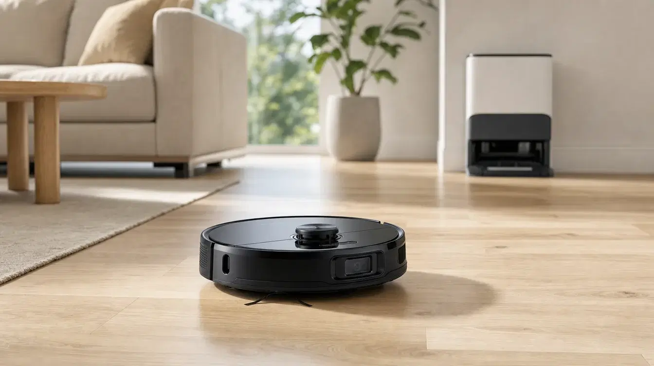 Roborock S8 MaxV Ultra im Einsatz in einem Wohnzimmer, mit der Station im Hintergrund