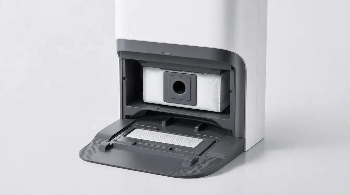Geöffnete Ultra-Station des Roborock S8 MaxV Ultra mit sichtbarem Staubbeutel und Filter